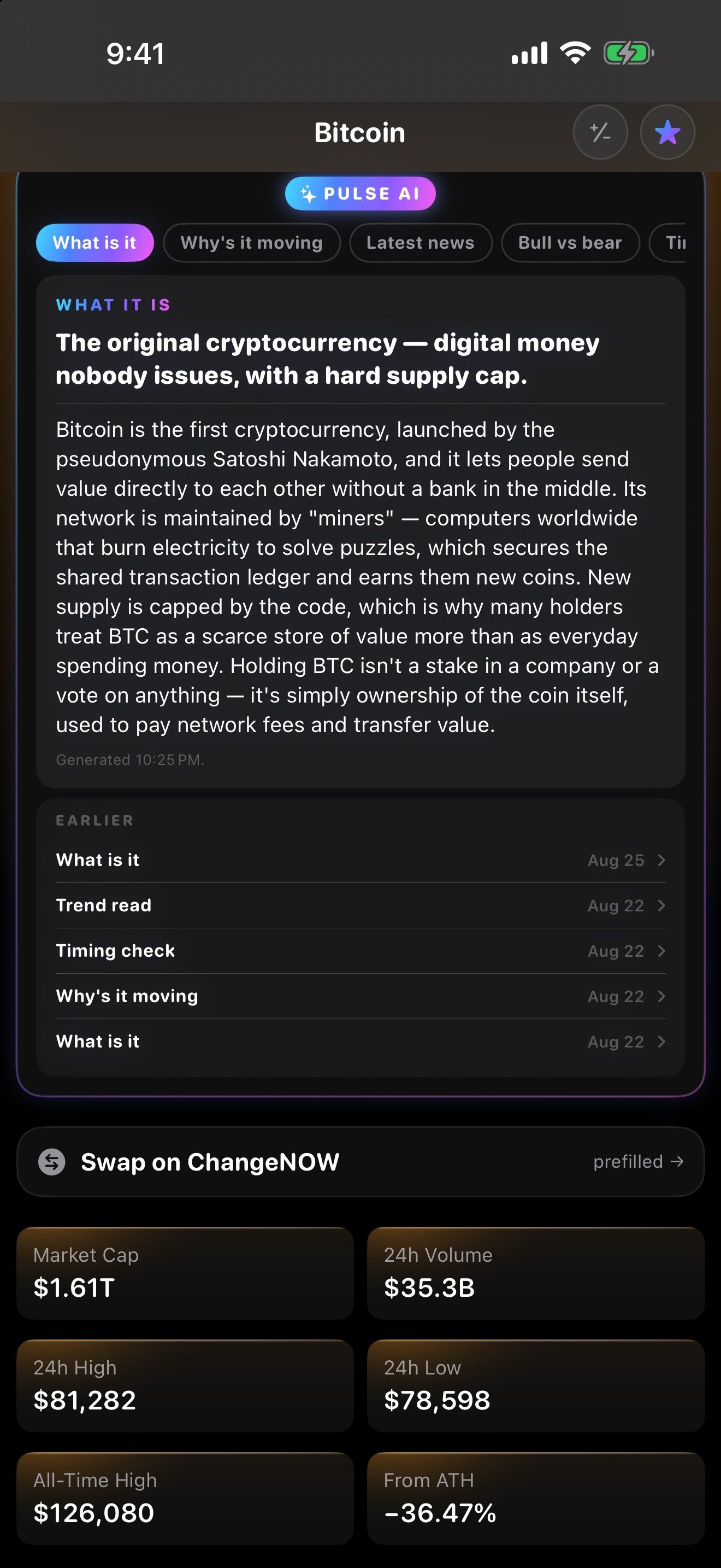 Pulse AI explaining why a coin is moving in plain language